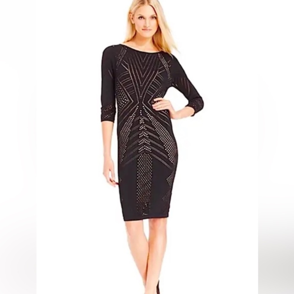 CALVIN KLEIN Black Crew Neck 3/4 Sleeve Bodycon Laser Cut Overlay Midi Dress